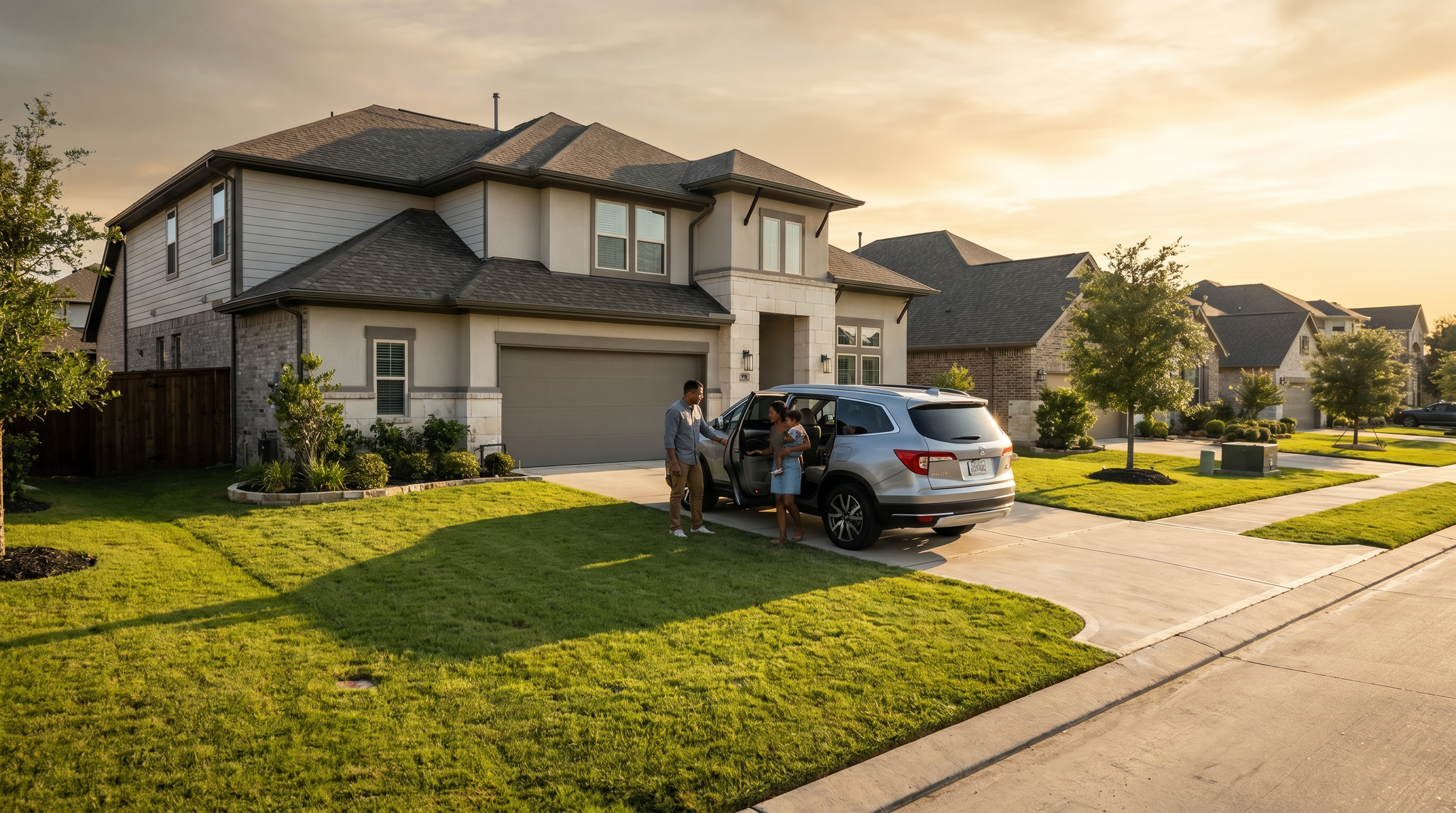 Person getting into a car in a suburban driveway