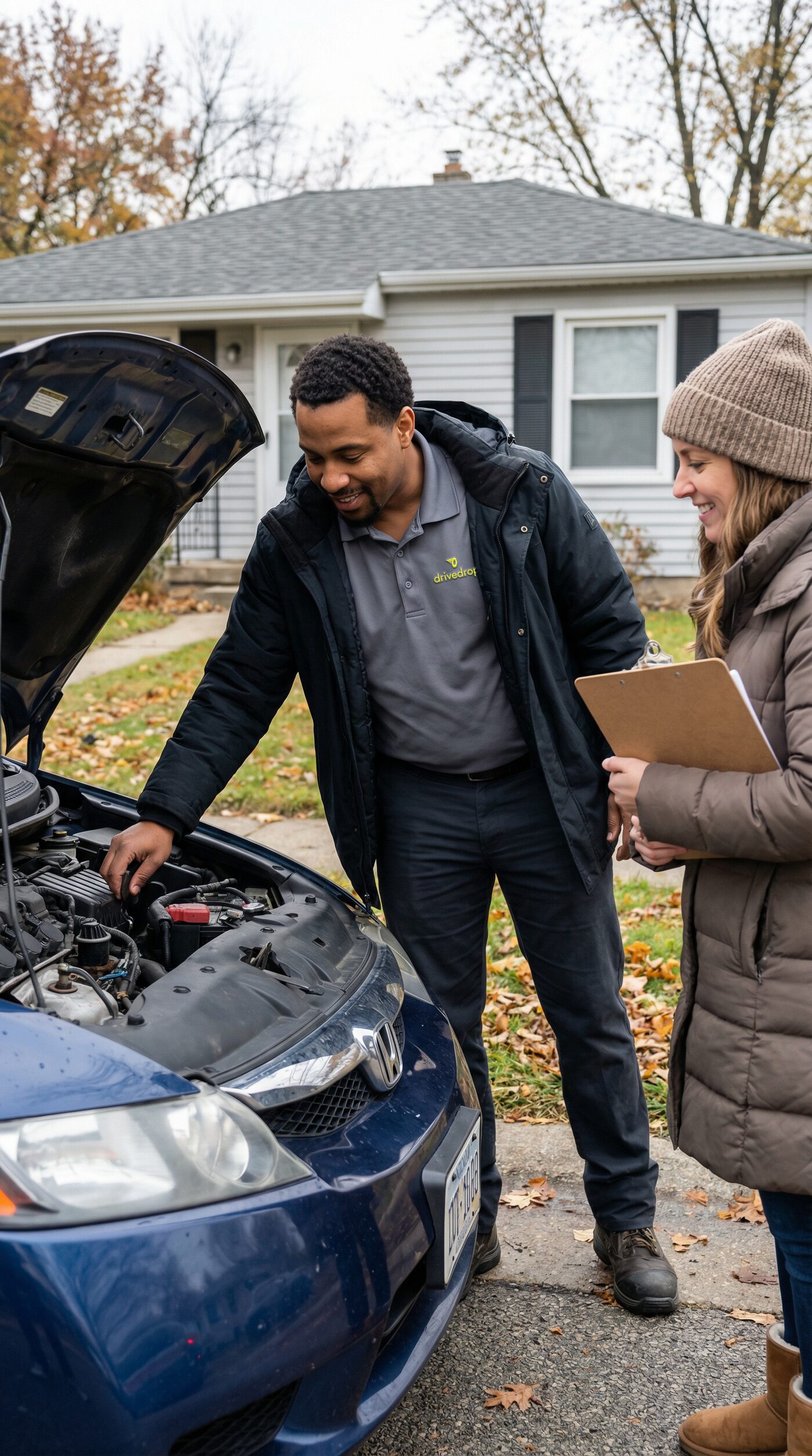 DriveDrop professional inspecting vehicle with customer